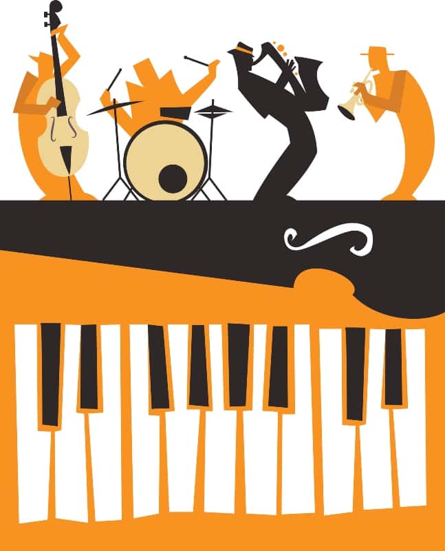 orange black white illustration 4 musicians & piano keys