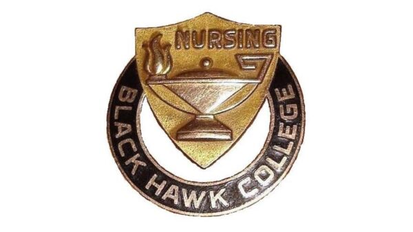 Black Hawk College Nursing circular metal pin