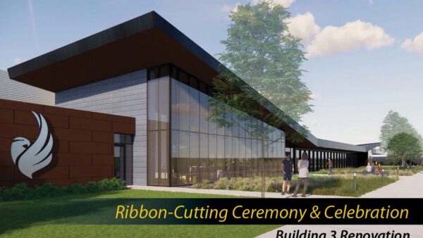 artist rendering of remodeled exterior of Building 3 with text ribbon-cutting ceremony & celebration Building 3 renovation