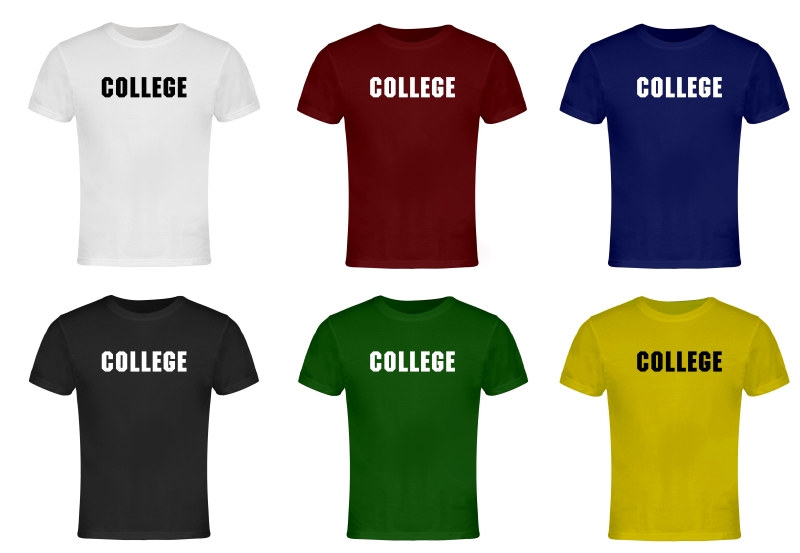 6 solid-colored T-shirts in different colors with the word college in all caps