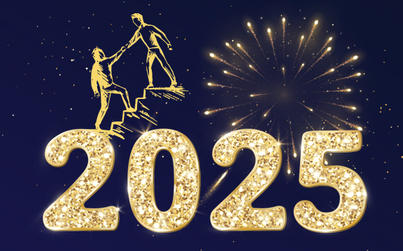 illustration of person helping another person up steps with fireworks and text 2025