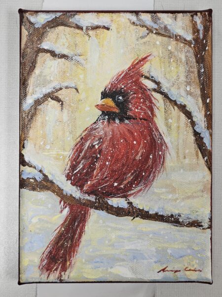 painting of bright red cardinal sitting on a snowy tree branch 