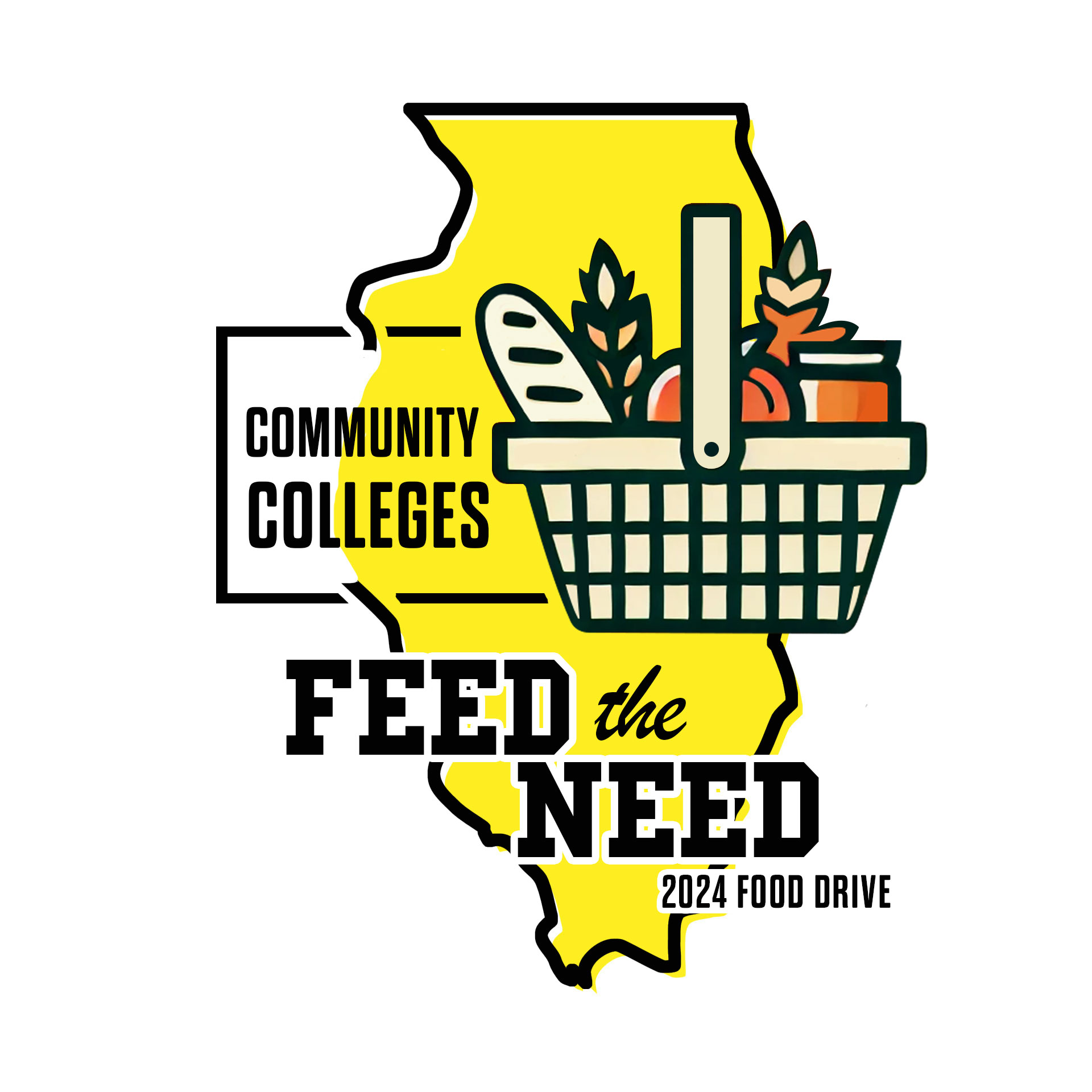 illustration of state of Illinois with basket of food and text Community Colleges Feed the Need 2024 food drive