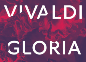 VIVALDI GLORIA text on top of red and purple artwork from 18th century fresco in dome of baroque church