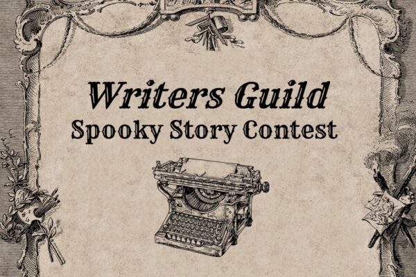 antique typewriter on scrolled document with text Writers Guild Spooky Story Contest