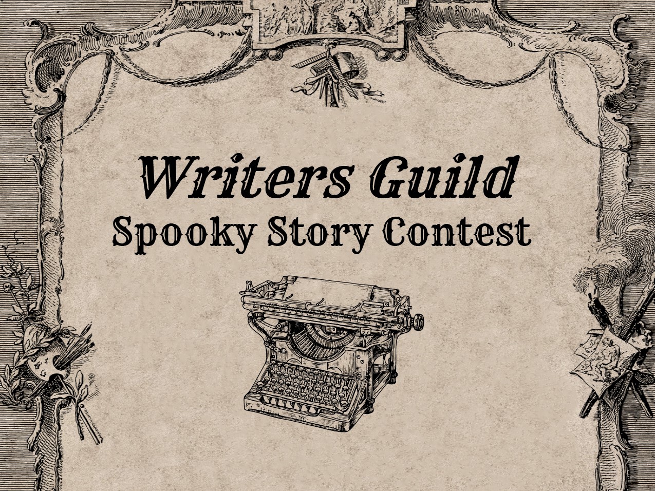 antique typewriter on scrolled document with text Writers Guild Spooky Story Contest