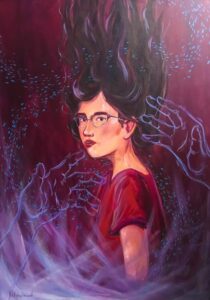 painting of hands reaching for girl wearing glasses