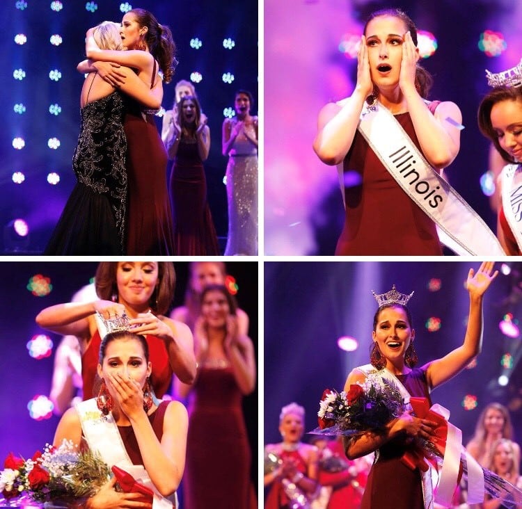 collage featuring Miss Illinois reacting to finding out she won, being crowned and waving while holding a bouquet of flowers