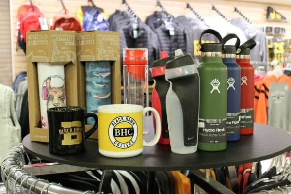 display of mugs and water bottles