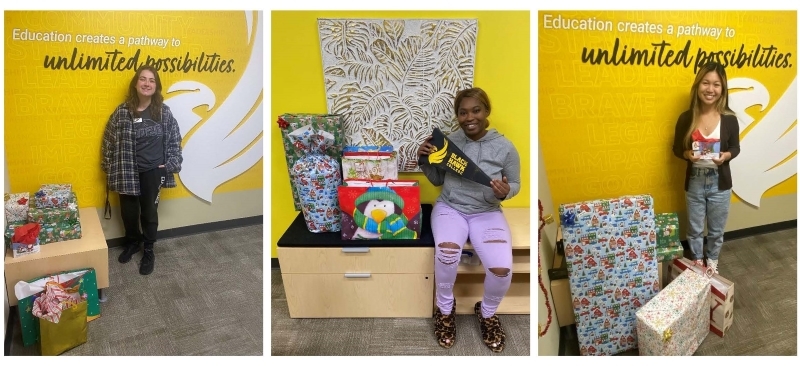 3 photos of happy students with wrapped presents