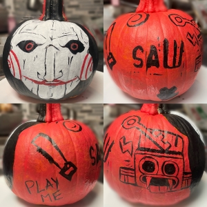 4 images of pumpkin painted red with text and images from movie Saw