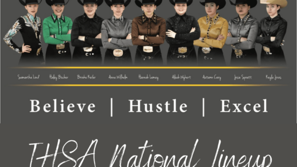 9 people in Western show attire with text Believe Hustle Excel