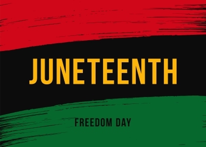 3 horizontal stripes with text Juneteenth Freedom Day