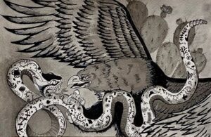 drawing of golden eagle grasping snake