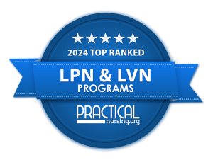 horizontal blue ribbon on top of blue circle with text 2024 top ranked LPN & LVN programs PracticalNursing.org