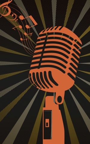 illustration of vintage microphone with notes coming out of it