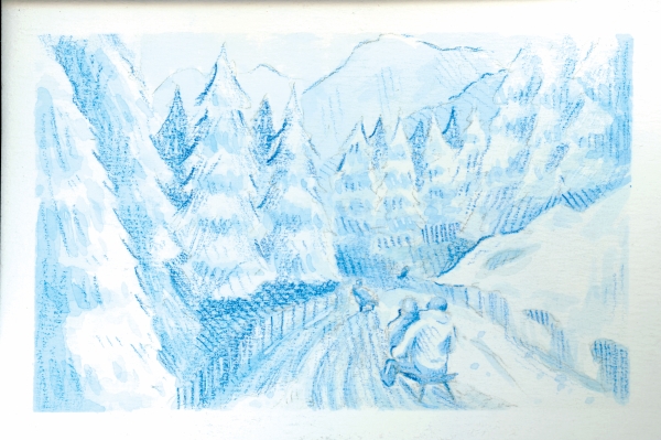 watercolor art of wintery scene people sledding through snowy woods 