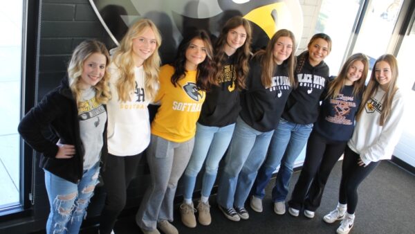 8 softball players standing in press box in front of hawk logo