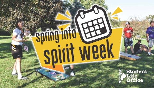 Text Spring into Spirit Week on top of image of students playing bags