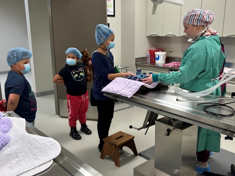 vet tech student in scrubs with 3 children wearing masks & hair nets with their stuffed animals in exam room