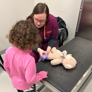 teddy bear being bandaged by vet tech student with child watching