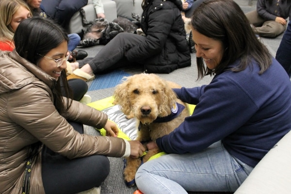 2 people smiling and petting dog