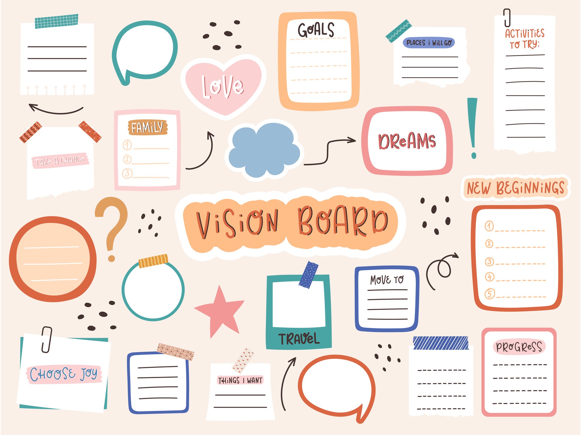 illustration of vision board with notes and ideas