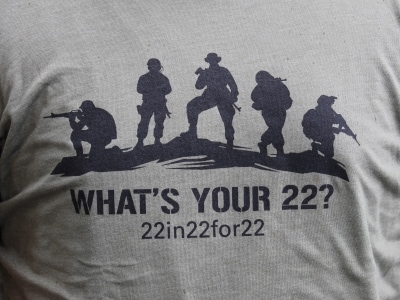 graphic on T-shirt of 5 soldiers and text What's Your 22? 22in22for22